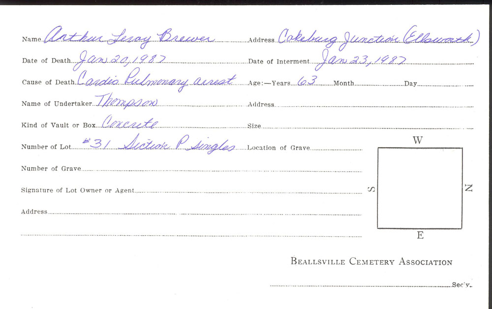 ARthur Leroy Brewer burial card
